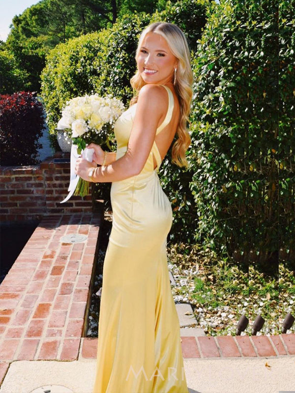 Lovely Backless Yellow Satin V-neck Long Evening Prom Dresses, Mermaid Prom Dress, MR9368