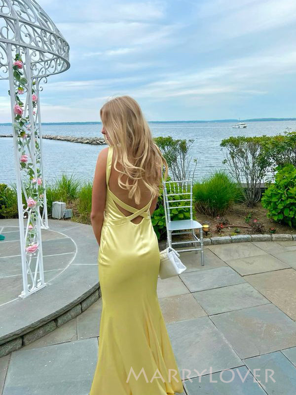Lovely Backless Yellow Satin V-neck Long Evening Prom Dresses, Mermaid Prom Dress, MR9368