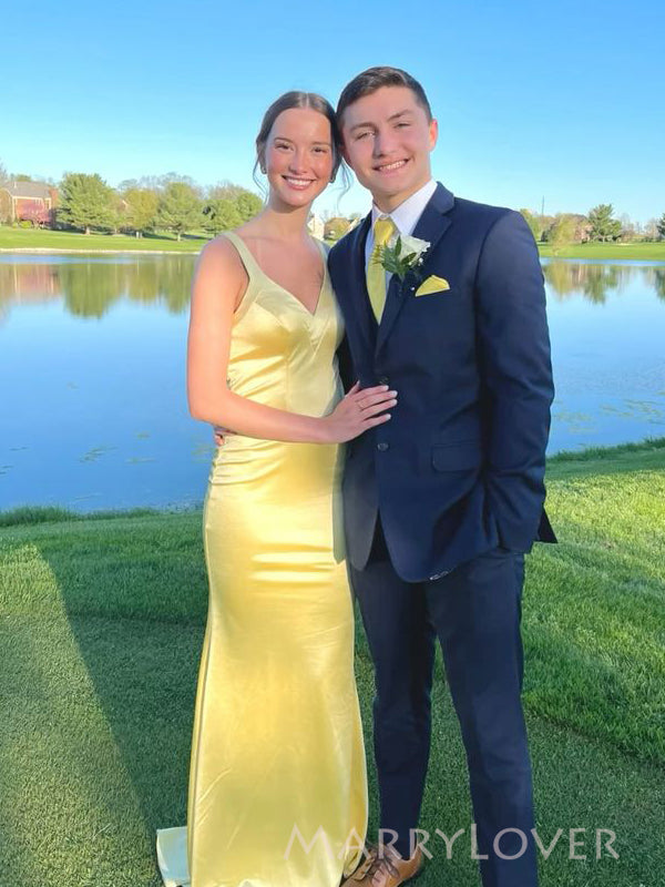 Lovely Backless Yellow Satin V-neck Long Evening Prom Dresses, Mermaid Prom Dress, MR9368