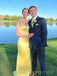 Lovely Backless Yellow Satin V-neck Long Evening Prom Dresses, Mermaid Prom Dress, MR9368