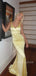Lovely Backless Yellow Satin V-neck Long Evening Prom Dresses, Mermaid Prom Dress, MR9368