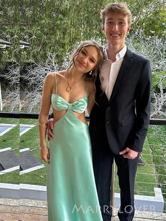 Sexy Spaghetti Straps Satin Long Evening Prom Dresses, Backless Prom Dress, MR9371