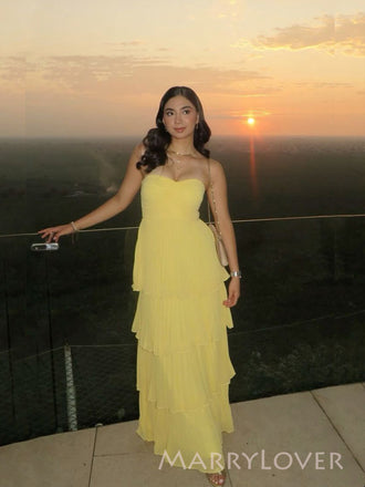 A-line Yellow Chiffon Sweetheart Long Evening Prom Dresses, MR9373