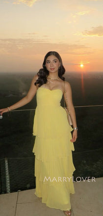 A-line Yellow Chiffon Sweetheart Long Evening Prom Dresses, MR9373