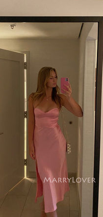 Spaghetti Straps Pink Satin Mermaid Side Slit Long Evening Prom Dresses, MR9375