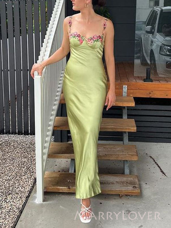 Lovely Sage Green Satin Mermaid Long Evening Prom Dresses, Spaghetti Straps Prom Dress, MR9376
