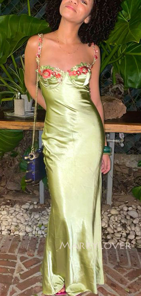 Lovely Sage Green Satin Mermaid Long Evening Prom Dresses, Spaghetti Straps Prom Dress, MR9376