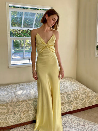 Unique Yellow Satin Spaghetti Straps Mermaid Long Evening Prom Dresses, V-neck Prom Dress, MR9382