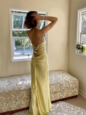 Unique Yellow Satin Spaghetti Straps Mermaid Long Evening Prom Dresses, V-neck Prom Dress, MR9382