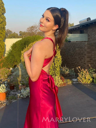 Gorgeous Burgundy Satin V-neck Mermaid Long Evening Prom Dresses, MR9387