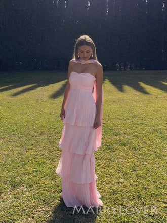 Pink Chiffon Sweetheart A-line Long Evening Prom Dresses, MR9392