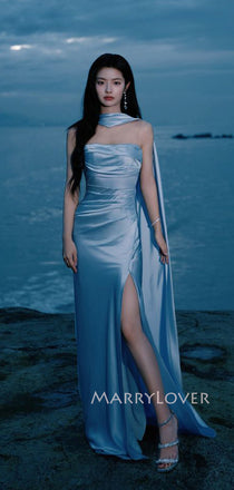 Simple Satrpless Blue Satin Mermaid Long Evening Prom Dresses, MR9396