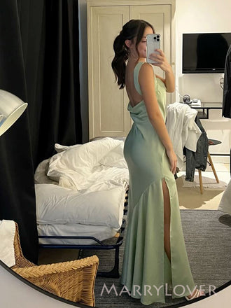 Sage Green Satin Mermaid Side Slit Long Evening Prom Dresses, MR9398