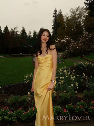 Spaghetti Straps Gold Satin Mermaid Long Evening Prom Dresses, MR9422