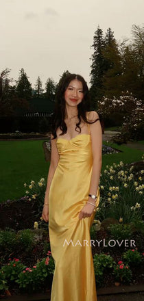 Spaghetti Straps Gold Satin Mermaid Long Evening Prom Dresses, MR9422