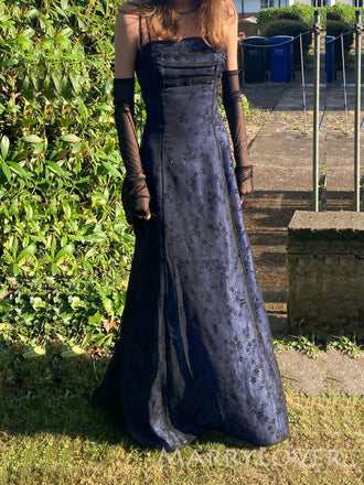 Goegeous Black Lace Blue Spaghetti Straps Long Evening Prom Dresses, MR9427