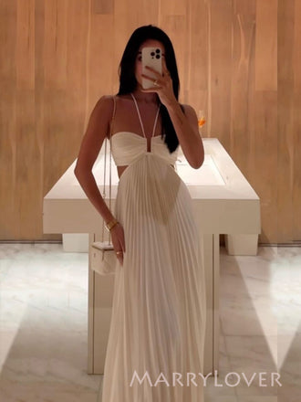 Simple White Chiffon A-line Long Backless Evening Prom Dresses, MR9428