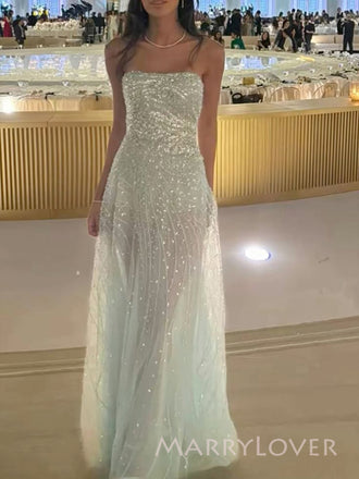 See Through Tulle Sequins Strapless Long Evening Prom Dresses, MR9465
