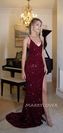 V-neck Burgundy Sequins Mermaid Long Evening Prom Dresses, MR9472