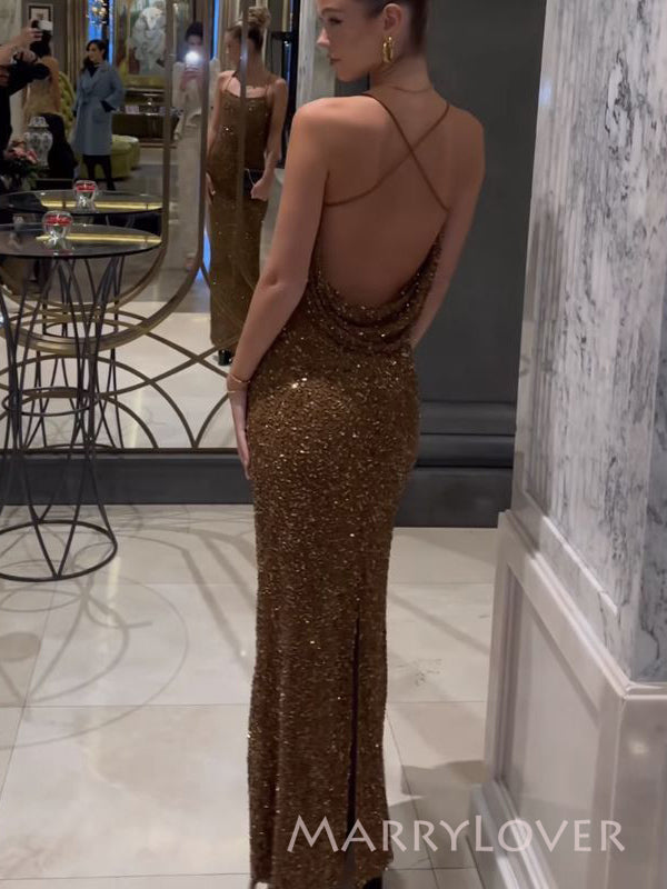 Simple Brown Sequins Mermaid Spaghetti Straps Long Evening Prom Dresses, MR9476