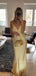Deep V-neck Yellow Satin Spaghetti Straps Long Evening Prom Dresses, MR9477