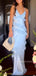 Gorgeous Blue Satin Spaghetti Straps Long Evening Prom Dresses, MR9479