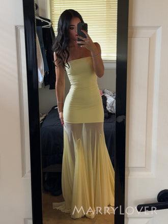 See Through Yellow Sheath Mermaid Strapless Long Evening Prom Dresses, MR9480