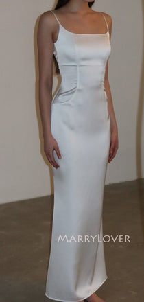 Simple White Satin Mermaid Long Evening Prom Dresses, Spaghetti Straps wedding Dress, MR9484