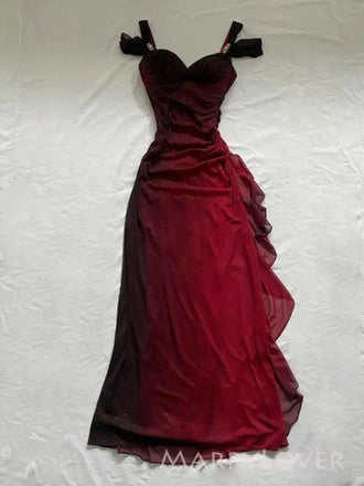 Sparkly Dark Red V-neck Long Evening Prom Dresses, MR9490