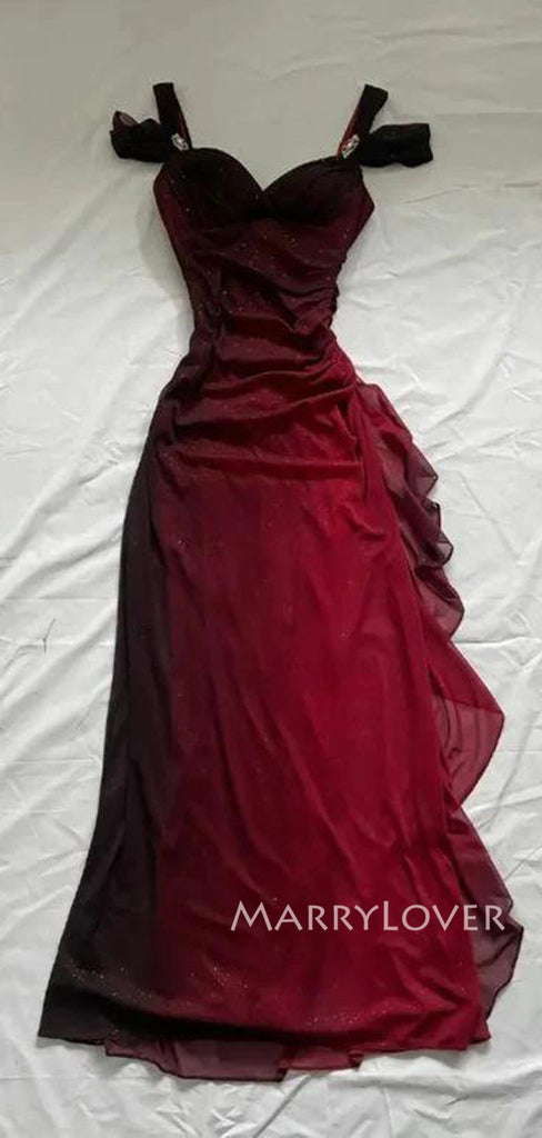 Sparkly Dark Red V-neck Long Evening Prom Dresses, MR9490