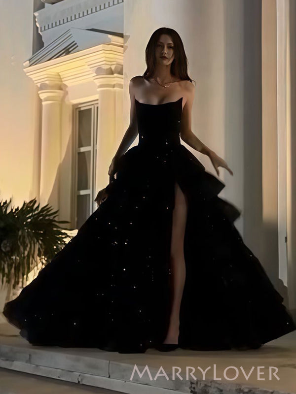 A-line Black Bateau High Slit Long Evening Prom Dresses, MR9492
