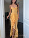 Spaghetti Straps Yellow Tulle Mermaid Long Evening Prom Dresses, V-neck Prom Dress, MR9496