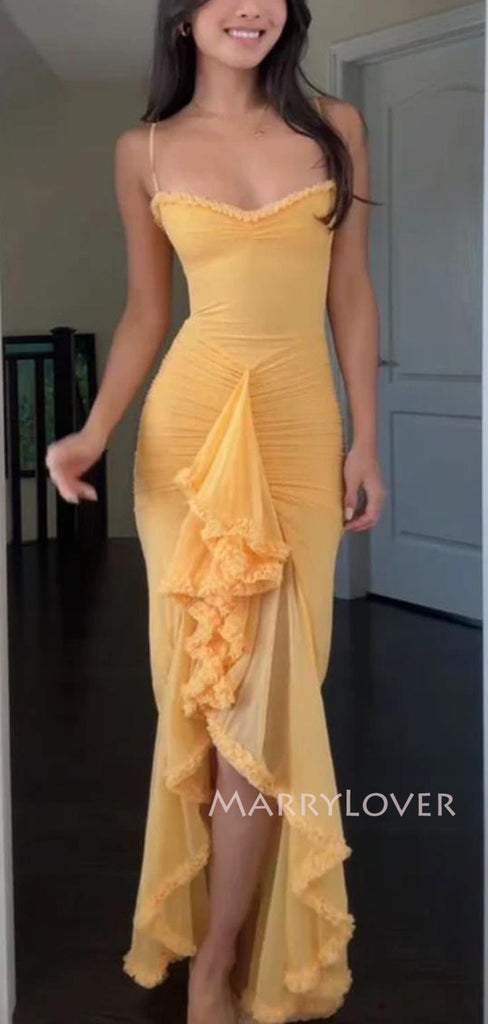 Spaghetti Straps Yellow Tulle Mermaid Long Evening Prom Dresses, V-neck Prom Dress, MR9496