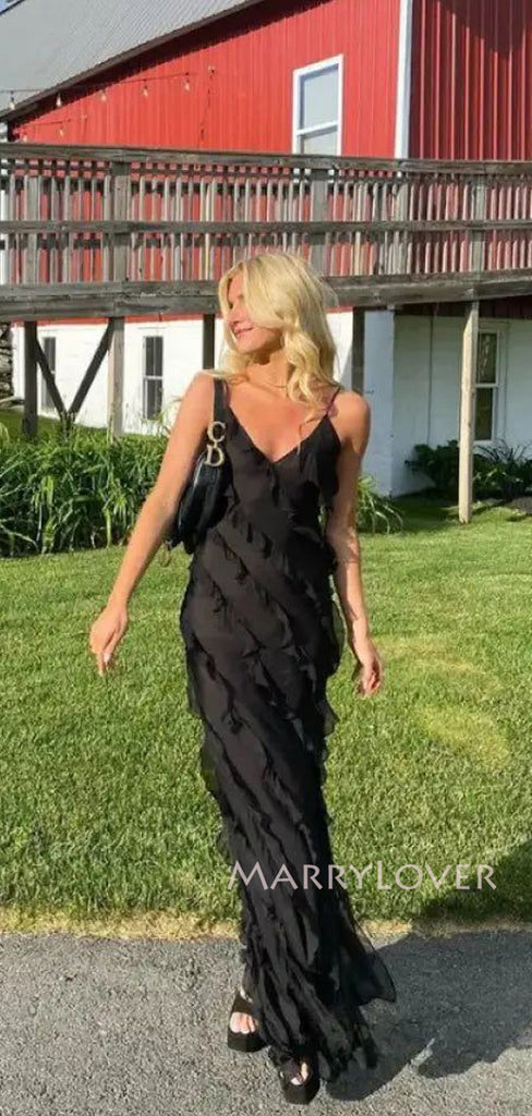 Spaghetti Straps Black Chiffon Mermaid V-neck Long Evening Prom Dresses, MR9502