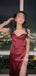 Spaghetti Straps Burgundy Satin Mermaid Long Evening Prom Dresses, MR9503