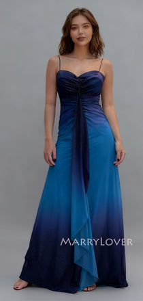 Unique Spaghetti Straps Blue Chiffon Long Evening Prom Dresses, MR9505