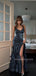 V-neck Navy Blue Satin Long Evening Prom Dresses, Mermaid Prom Dress, MR9512