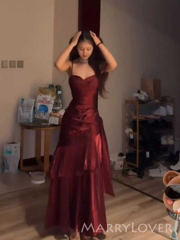 Burgundy Satin Mermaid Spaghetti Straps Long Evening Prom Dresses, MR9515