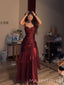 Burgundy Satin Mermaid Spaghetti Straps Long Evening Prom Dresses, MR9515