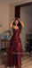 Burgundy Satin Mermaid Spaghetti Straps Long Evening Prom Dresses, MR9515