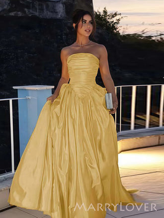 Yellow Satin A-line Strapless Long Evening Prom Dresses, MR9520