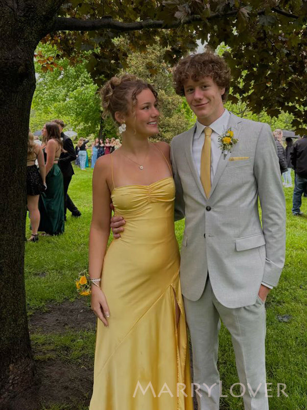 Gorgeous Spaghetti Straps Yellow Satin Side Slit Long Evening Prom Dresses, MR9529