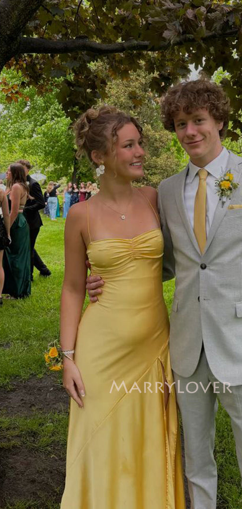Gorgeous Spaghetti Straps Yellow Satin Side Slit Long Evening Prom Dresses, MR9529