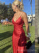 V-neck Red Satin Long Evening Prom Dresses, Side Slit Backless Prom Dress, MR9530
