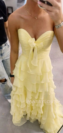 Sweet Heart Yellow Chiffon Long Evening Prom Dresses, Side Slit Prom Dress, MR9534
