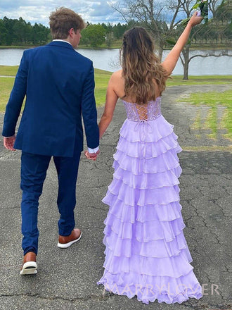 Lovely Purple Chiffon Side Slit Long Sweet Heart Evening Prom Dresses, MR9539