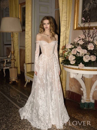 Formal Off Shoulder Long Sleeves A-line Lace Long Wedding Dresses, MR9552