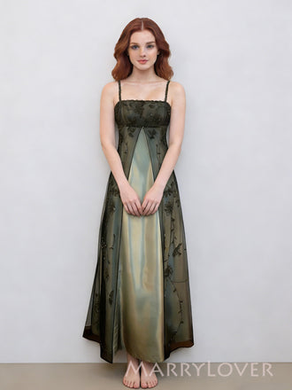 A-line Black Tulle Beaded Straps Long Evening Prom Dresses, MR9569