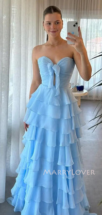 Gorgeous Sweetheart Blue Chiffon Long Evening Prom Dresses, A-line Prom Dress, MR9574