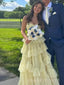 Elegant Spaghetti Straps Yellow Tulle A-line Long Evening Prom Dresses, MR9575